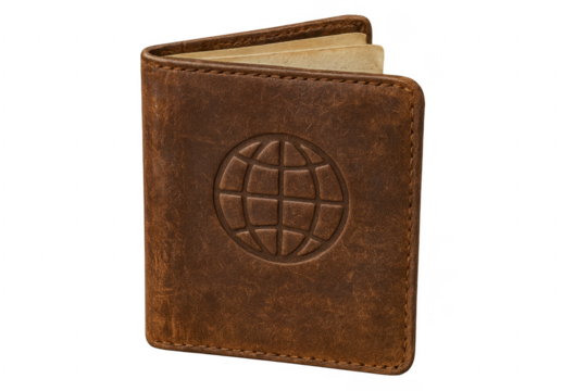Leather Passport Holder with Globe Symbol on Transparent Background
