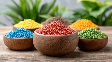 Colorful Granules in Wooden Bowls Surrounded by Greenery
