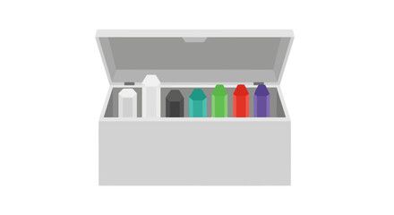 An open light gray box with a set of colorful wax crayons in a flat vector illustration style.