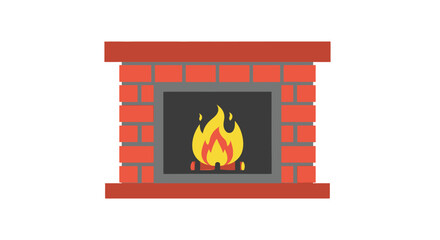 Fototapeta premium Classic red brick fireplace with a warm, burning fire, flat vector illustration.
