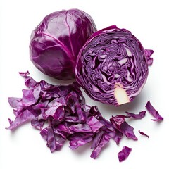 Fresh purple cabbage shown whole, halved, and shredded against a white background.