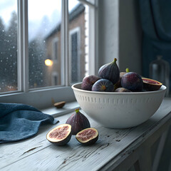 White bowl with dark figs, some half-sliced to show seeds and rich texture.