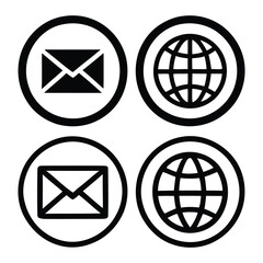  Four circular icons featuring a black envelope and a black globe symbol on a white background
