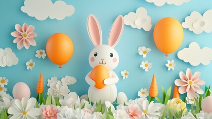 Obraz premium Cute Easter bunny holding an egg surrounded by flowers, balloons, and carrots on a blue background.