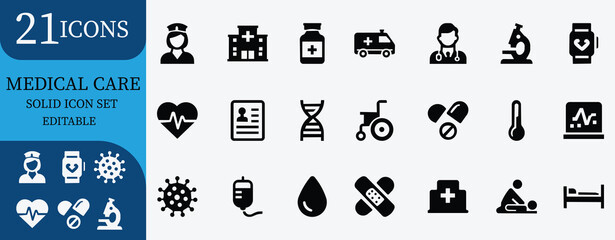 Medical, healthcare, hospital, doctor, nurse, patient, clinic, emergency, ambulance, editable solid icons set for health and treatment