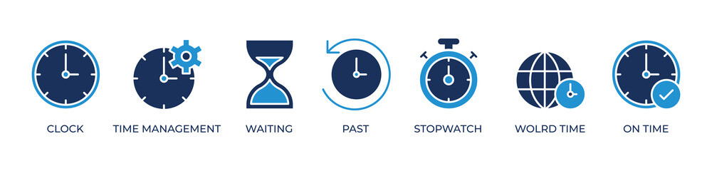 Mastering Time Icons set vector illustration blue  with Clock, Time management, Waiting, Past, Stopwatch, Wolrd time, On time