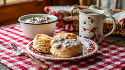 Southern style biscuits sausage gravy on a checkered tablecloth with farmhouse dcor