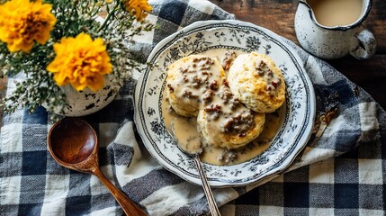 Southern style biscuits sausage gravy on a checkered tablecloth with farmhouse dcor
