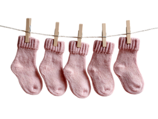 Pink baby socks on white background