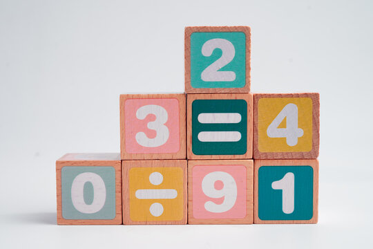 Number wood block cubes for learning Mathematic, education math.