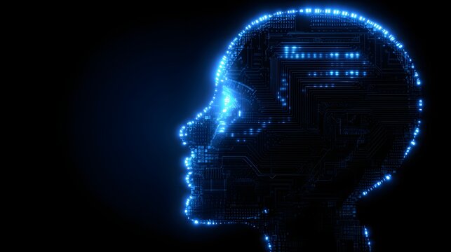 Profile view of a digital human head, illuminated with glowing circuit patterns. - Powered by Adobe