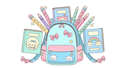 Cute pastel backpack with cloud and rainbow design surrounded by colorful pencils and notebooks for children