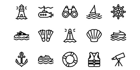 Sea Adventure Vector Icon Set, Adjustable Line Weight, Boat, anchor, lighthouse, diving, submarine, sailing, compass, marine, flippers, cruise, ocean, travel, exploration icons © thrash