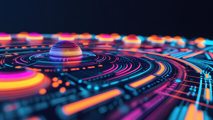 Abstract glowing concentric circles and spheres in vibrant blue, orange, and pink hues, suggestive of technology or futuristic design.