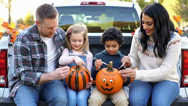 Happy diverse family painting pumpkins together on a truck tailgate.