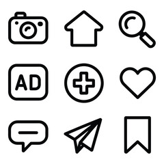  Collection of nine essential social media interface icons in a clean black and white outline style