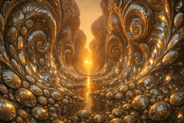 Mirror Seashell Canyon with Twin Suns at Sunset Reflecting in Golden Stream