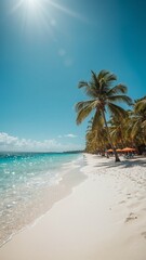 The pristine white sandy beach stretches into the distance.