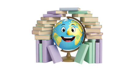 Animated Earth Globe with Smiling Face Surrounded by Colorful Books on Transparent Background