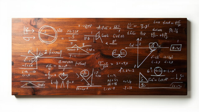 Wooden board with mathematical formulas and equations written in white chalk against a brown wood grain background