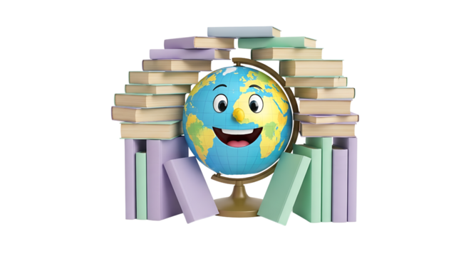 Animated Earth Globe with Smiling Face Surrounded by Colorful Books on Transparent Background