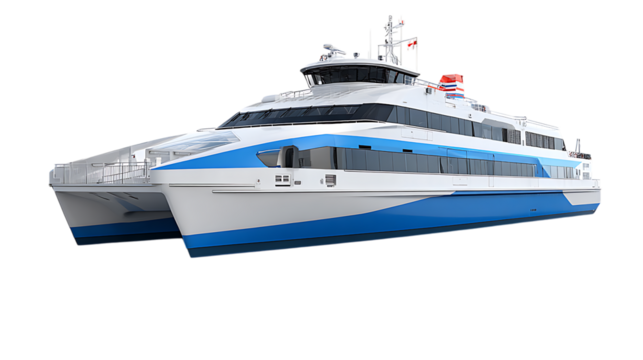 Sleek catamaran ferry, white and blue.
