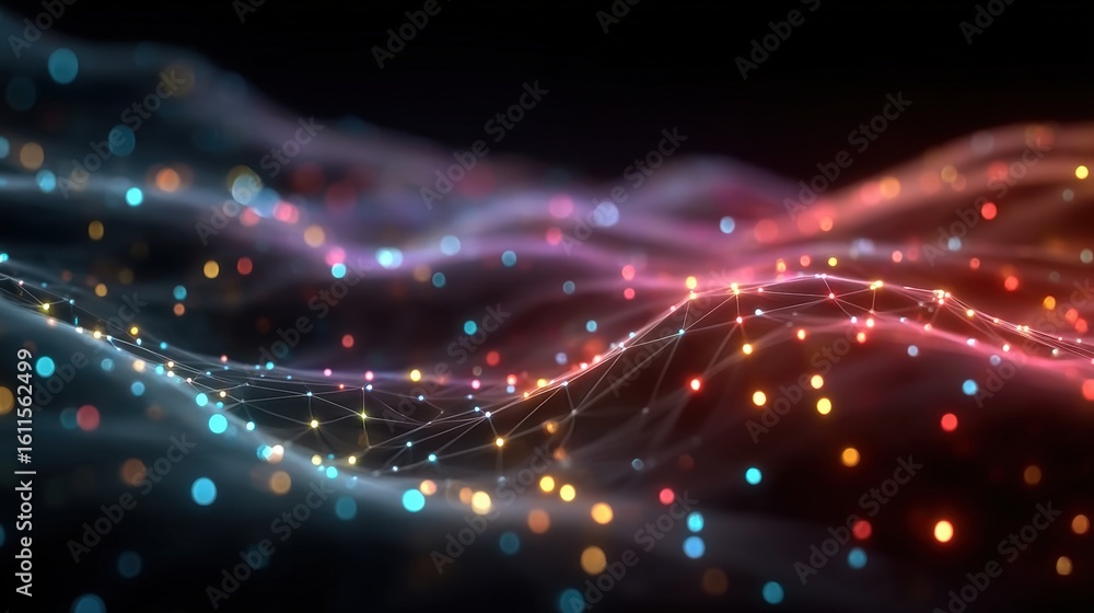 Poster a dynamic digital wave of interconnected glowing nodes and lines in blue and orange hues on a dark b