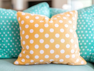 A close-up of a yellow cushion with white polka dots placed in front of teal cushions with white polka dots on a teal sofa.