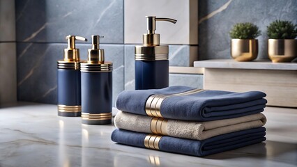 Luxury bathroom dispensers and folded towels with gold accents
