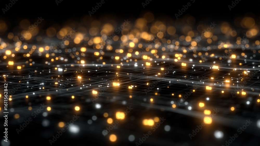 Poster a futuristic network of glowing golden and white nodes connected by fine lines on a dark background,