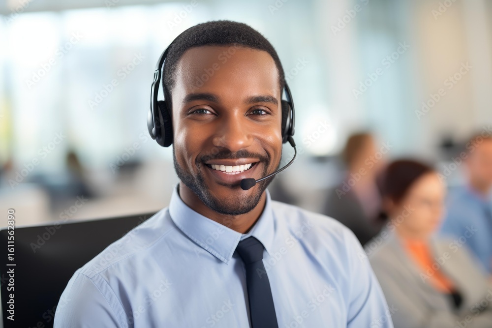 Poster portrait of a smiling customer service representative working in a call center