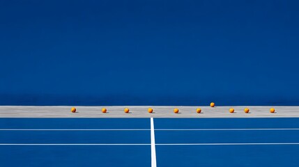 Orange spheres arranged in a row on a blue tennis court.