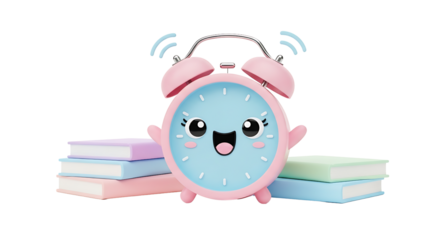 Cute Pink Alarm Clock Character Surrounded by Colorful Books on Transparent Background