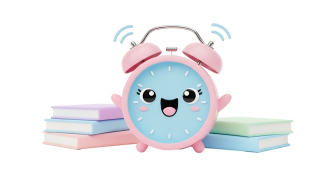 Cute Pink Alarm Clock Character Surrounded by Colorful Books on Transparent Background