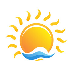 Sunrise Over Waves Icon – Bright Morning Sun Vector, Summer Beach Logo Design, Tropical Sunshine Graphic, Coastal Nature Emblem Illustration

