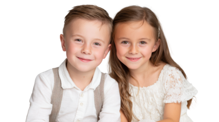 Concept picture of two friends,Two smiling children sitting together, happy expressions, white background.