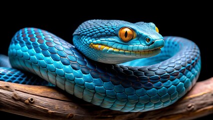 Fototapeta premium A vibrant blue viper snake coils on a wooden branch