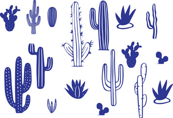 a set of cactus plants in blue and white