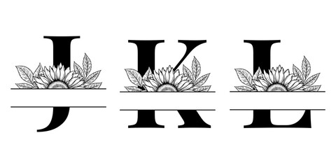 Sunflower split monogram design, alphabet letters J, K, L decorated with floral illustration. Perfect for personalized gifts, farmhouse decor, wedding initials, cut file, family sign, and DIY crafts.