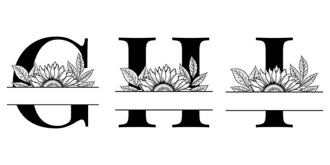 Sunflower split monogram design, alphabet letters G, H, I decorated with floral illustration. Perfect for personalized gifts, farmhouse decor, wedding initials, cut file, family sign, and DIY crafts.