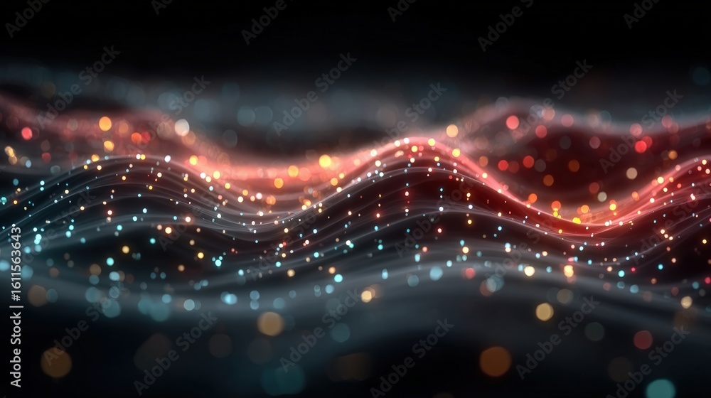 Poster abstract digital wave pattern with glowing particles in red, orange, and white on a dark background,