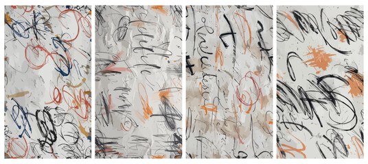 Set of abstract scribbles background texture, random loops, and chaotic ink lines, grunge style with faded ink, smudges, messy strokes, and sketchy overlapping handwriting