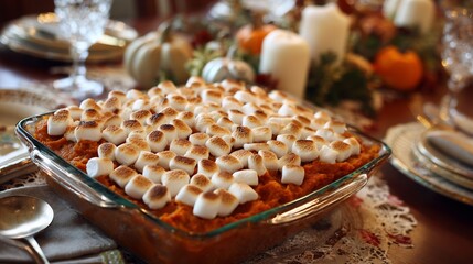 Sweet potato casserole melted marshmallows on top served on a festive Thanksgiving table