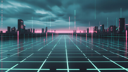 Futuristic cityscape with neon grid lines and digital data streams under a cloudy sky.