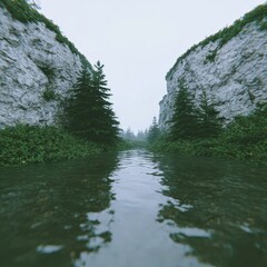 Dense forest river with high cliffs and thick clouds, visible animals in scene