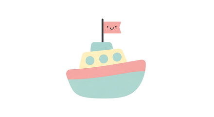 Fototapeta premium Cute Cartoon Boat with Smiling Flag on Transparent Background for Children's Illustration