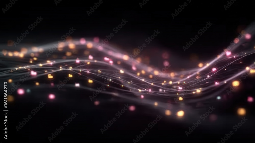 Poster a dynamic digital wave of glowing particles and flowing lines creates an abstract, futuristic light 