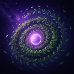 Spiral Garden Vines Orbiting Lavender Star in Deep Space with Glowing Leaves and Cosmic Vortex