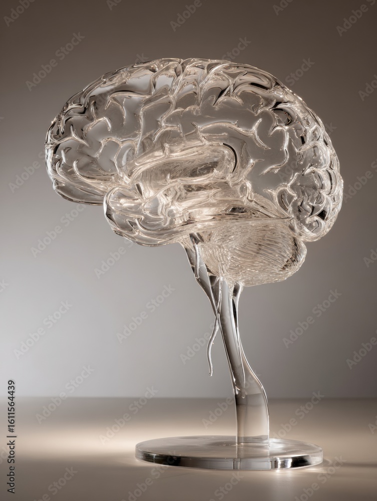 Poster light ray passes through a clear brain glass model in a calm studio setting with subdued lighting an