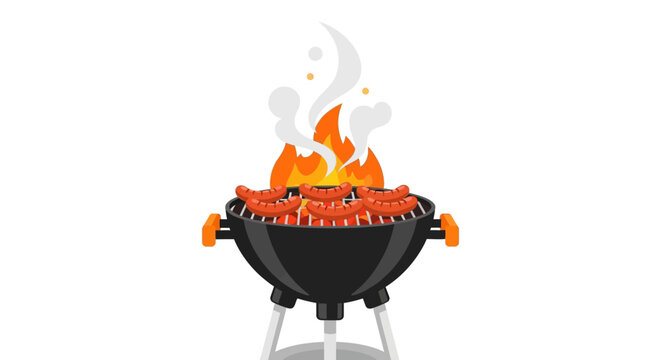 A cartoon illustration of a charcoal grill cooking sausages over a bright orange flame with rising smoke.
